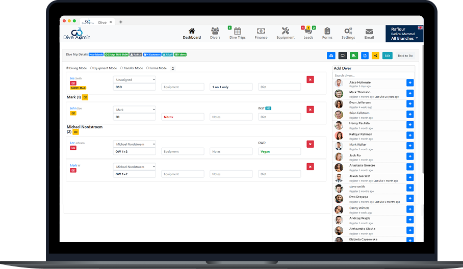 Dive Software Dive Admin - Software for Dive Centers and Dive Schools