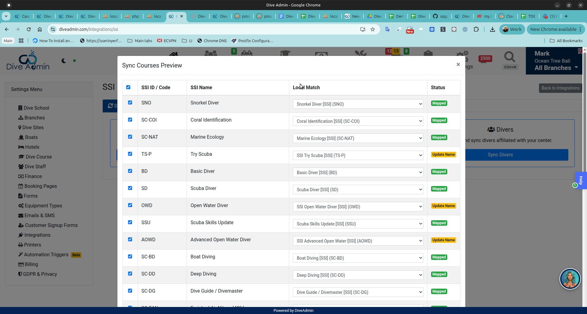 Dive Admin SSI integration — Sync Courses Preview showing SSI course mappings to local equivalents
