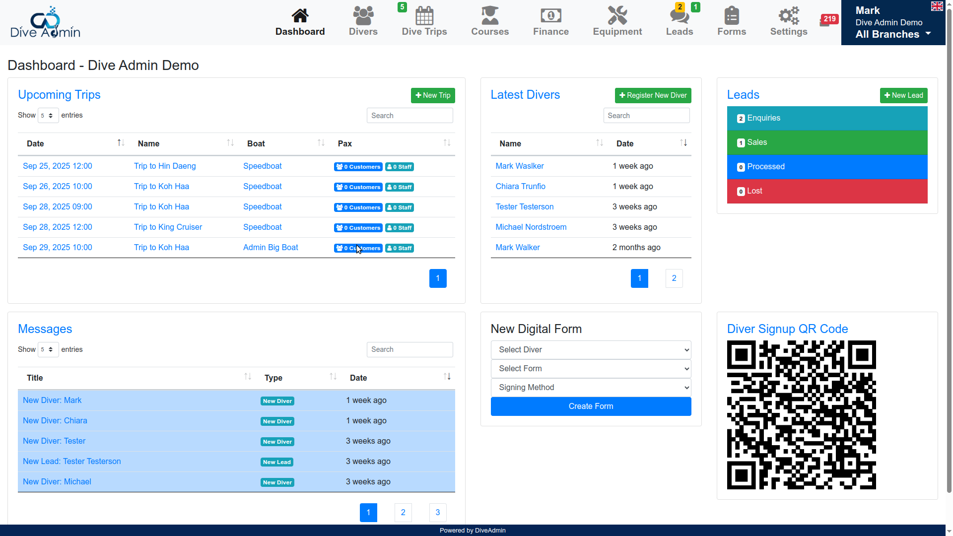 Dive Admin Dashboard - Main View