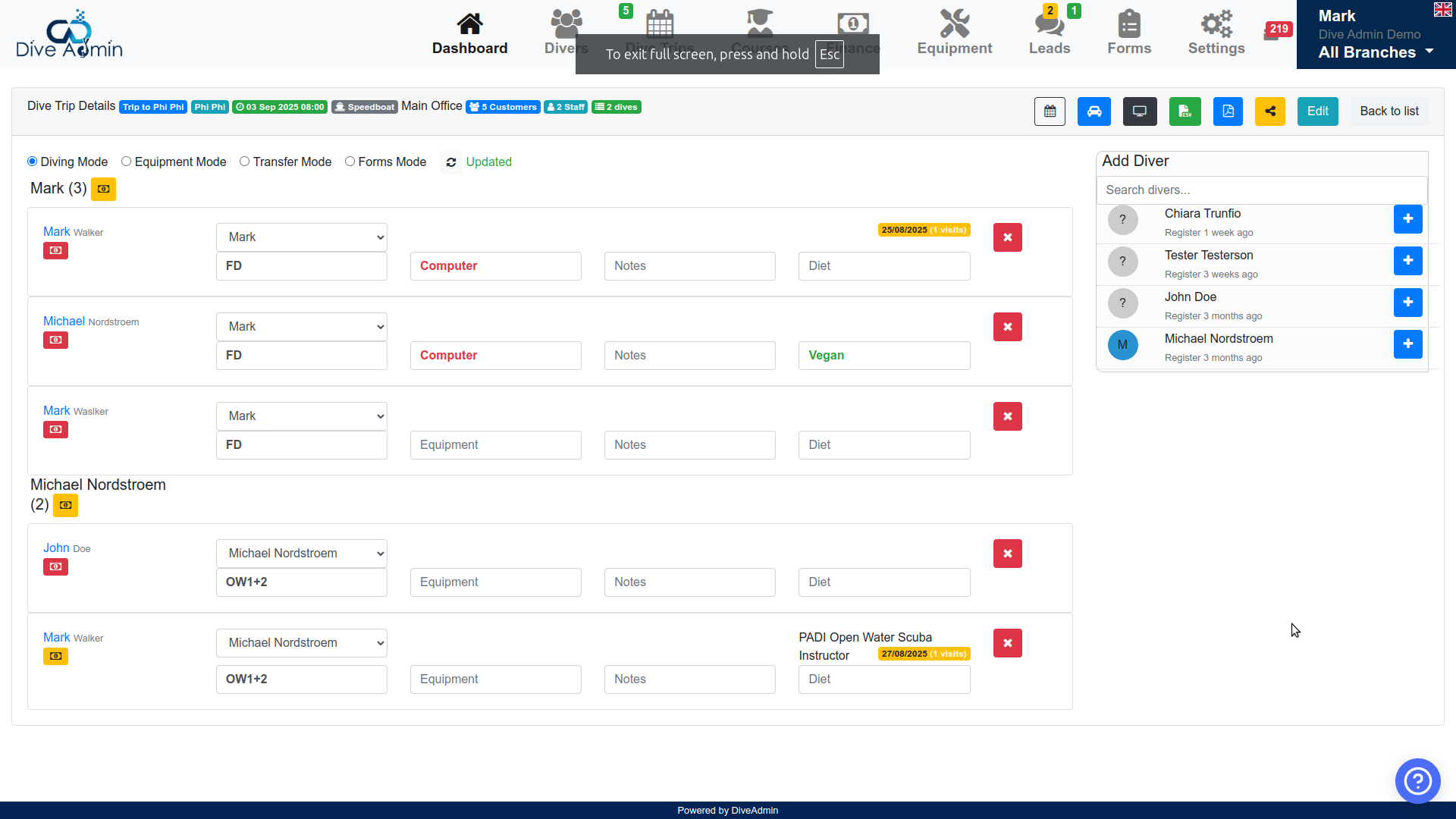 Dive Admin Dashboard - Trip Scheduling