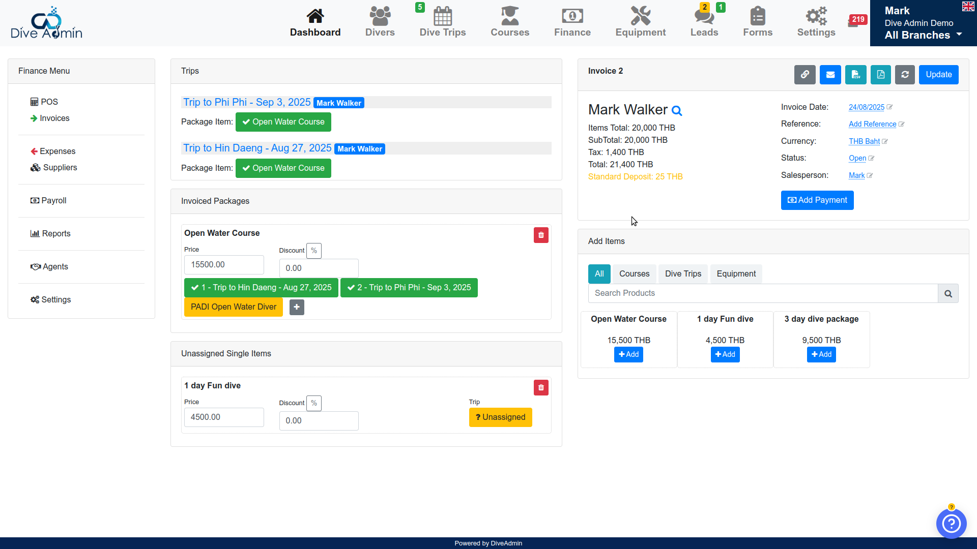 Dive Admin Dashboard - Finance